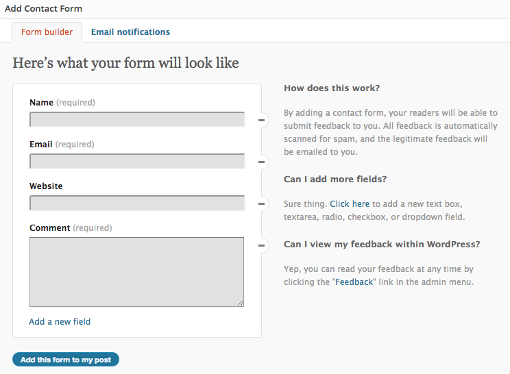 Contact form builder